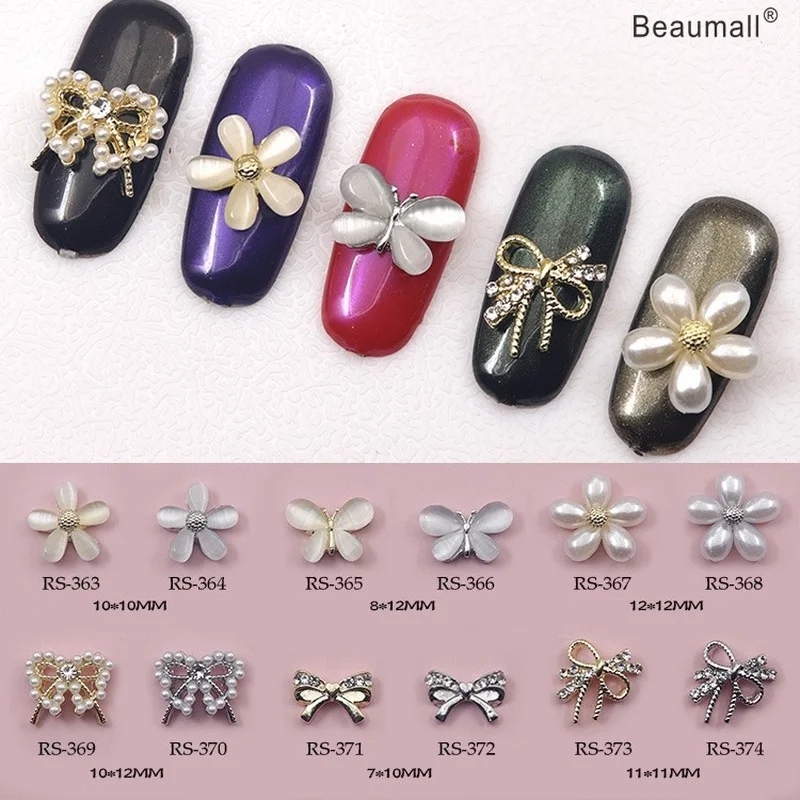 

10pcs/lot, 3d Nail Art Elegant Designs Alloy With Pearls Cat Eyes Stones Rhinestones Nail Tips Beauty