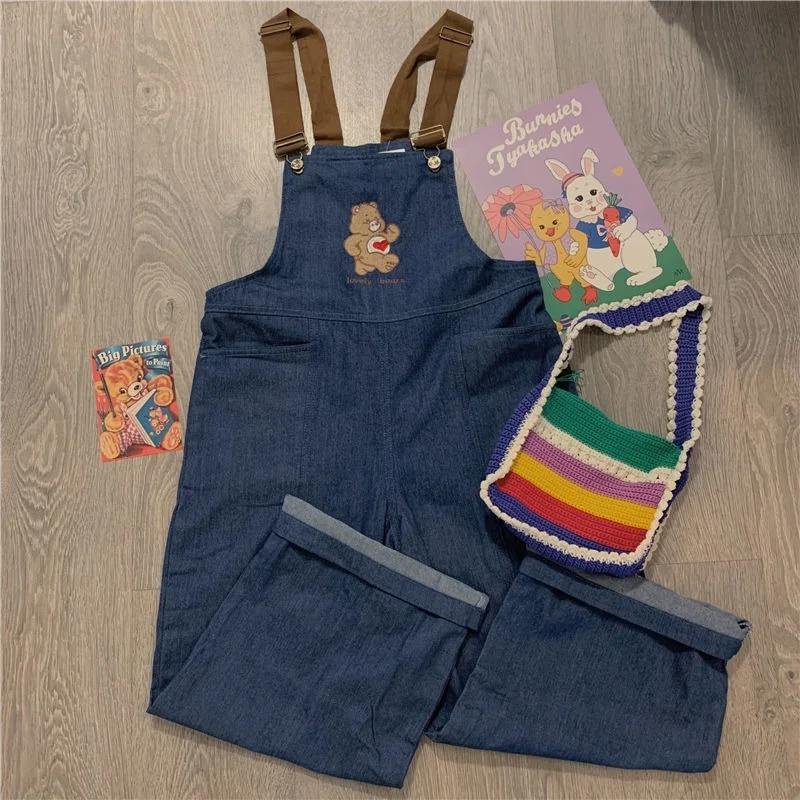 

Woman Denim Jumpsuits Korean Preppy Style Bear Embroidery Cartoon Jeans Versatile Loose Splicing Fashion Women Summer Overalls