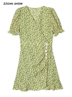 2022 retro green floral cross v neck front slit mini shirt dress woman ruffles hem short puff sleeve tea dresses holiday robe