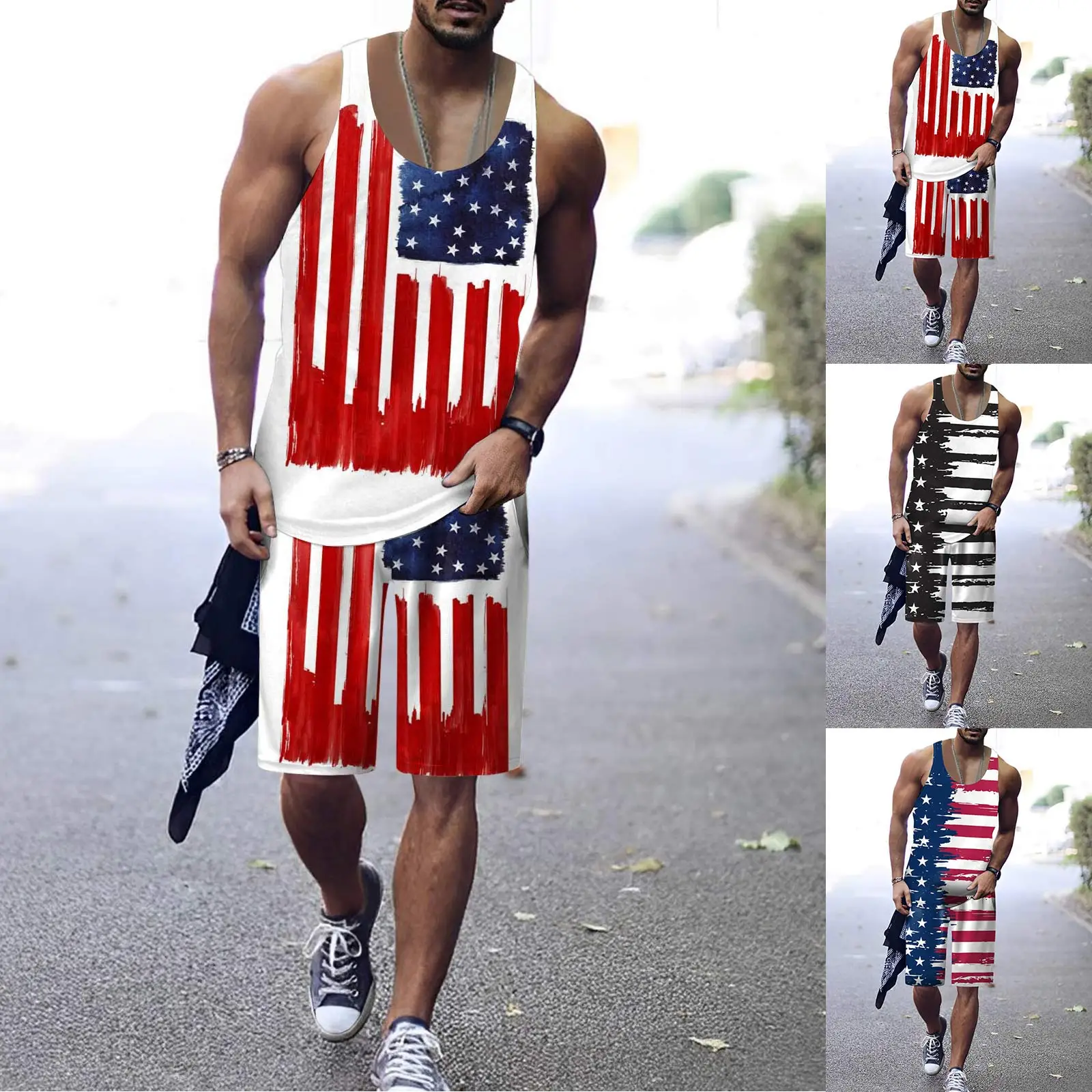 

Мужской костюм-двойка с 3D-принтом в виде флага на День независимости