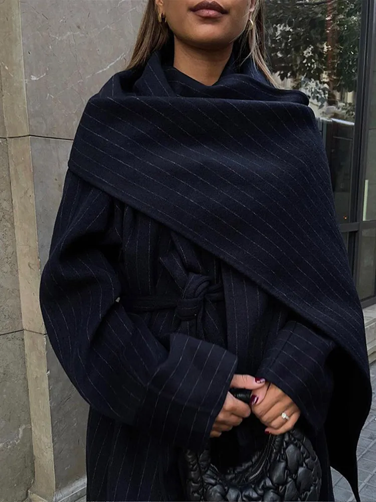 Элегантное полосатое женское длинное пальто повседневное свободное большого