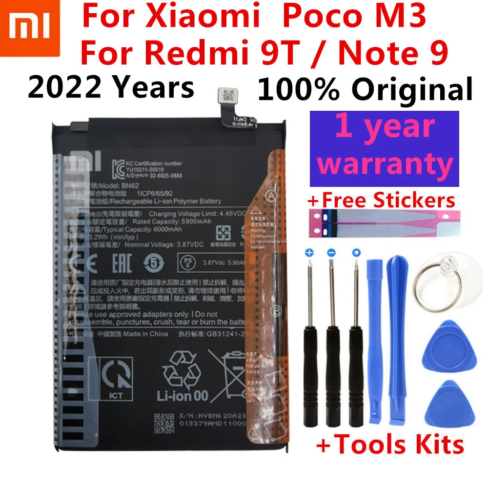 

Xiao Mi Original 6000mAh BN62 Phone Battery For Xiaomi Redmi Note9 4G High quality Batteries With Tools+Tracking number