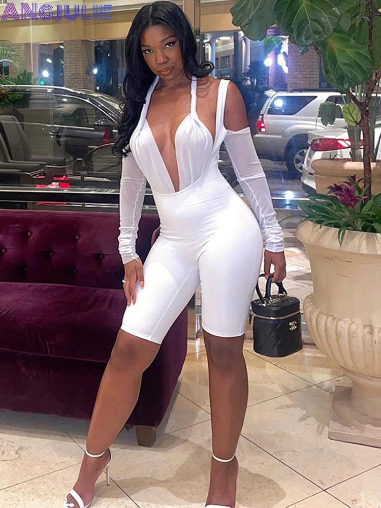 

Шорты Angjulie, комбинезон, Женский однотонный костюм на день рождения, сексуальный комбинезон с глубоким V-образным вырезом, цельнокроеный ком...