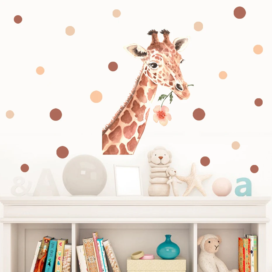 

Cute Giraffe Floral Polka Dots Watercolor Wall Sticker Nursery Peel and Stick Vinyl Wall Decal Baby Room Interior Home Decor