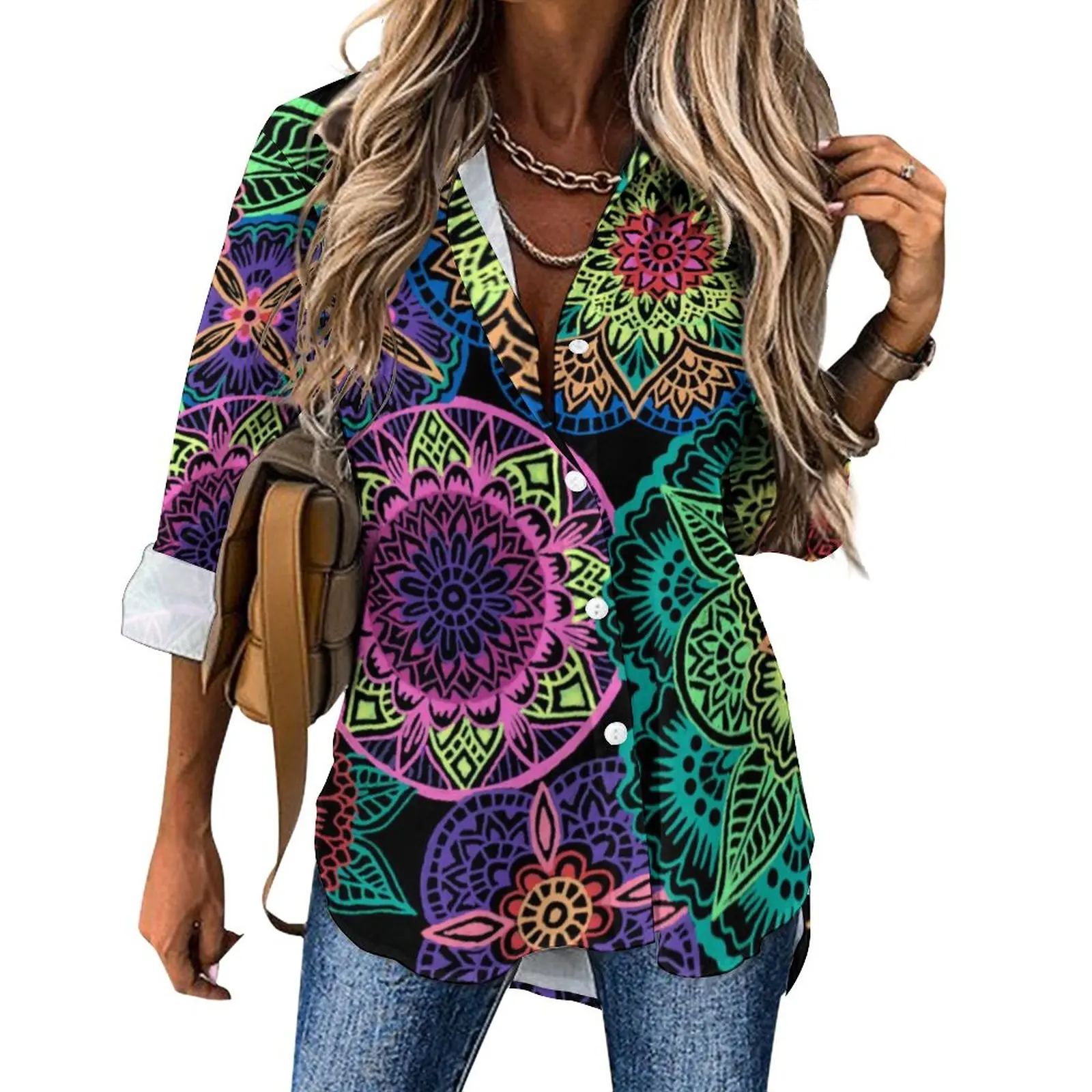 

Neon Mandala Casual Blouse Long-Sleeve Colorful Floral Print Aesthetic Blouses Female Classic Oversize Shirt Custom Tops Gift