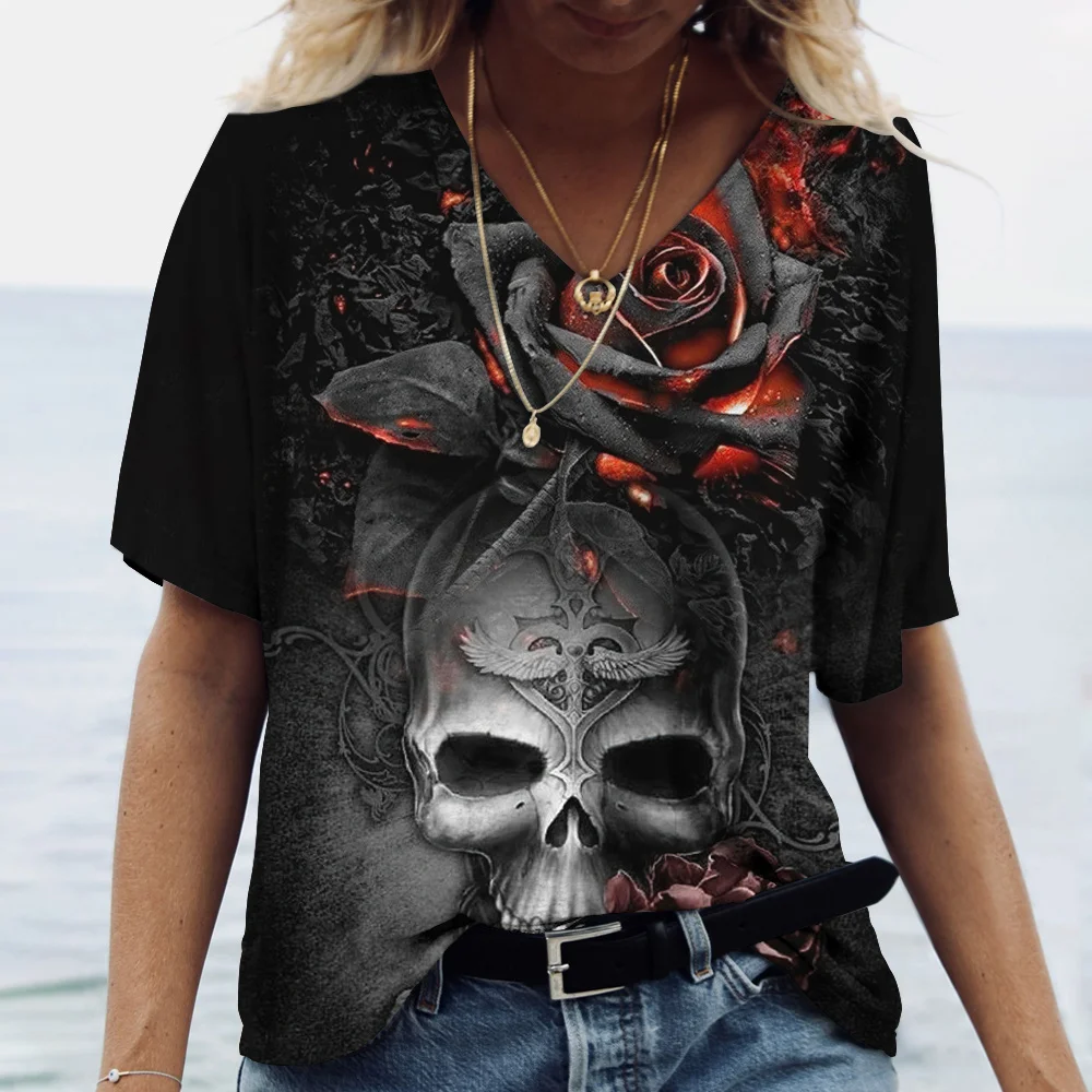 2022 New Women's T-shirts Skull Print Women's Short-sleeved Tops V-neck Pullover Streetwear Oversized T-shirts Summer Clothing