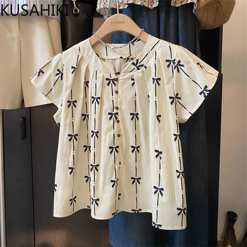 Милая плиссированная рубашка kusхитки с круглым вырезом Корейская универсальная