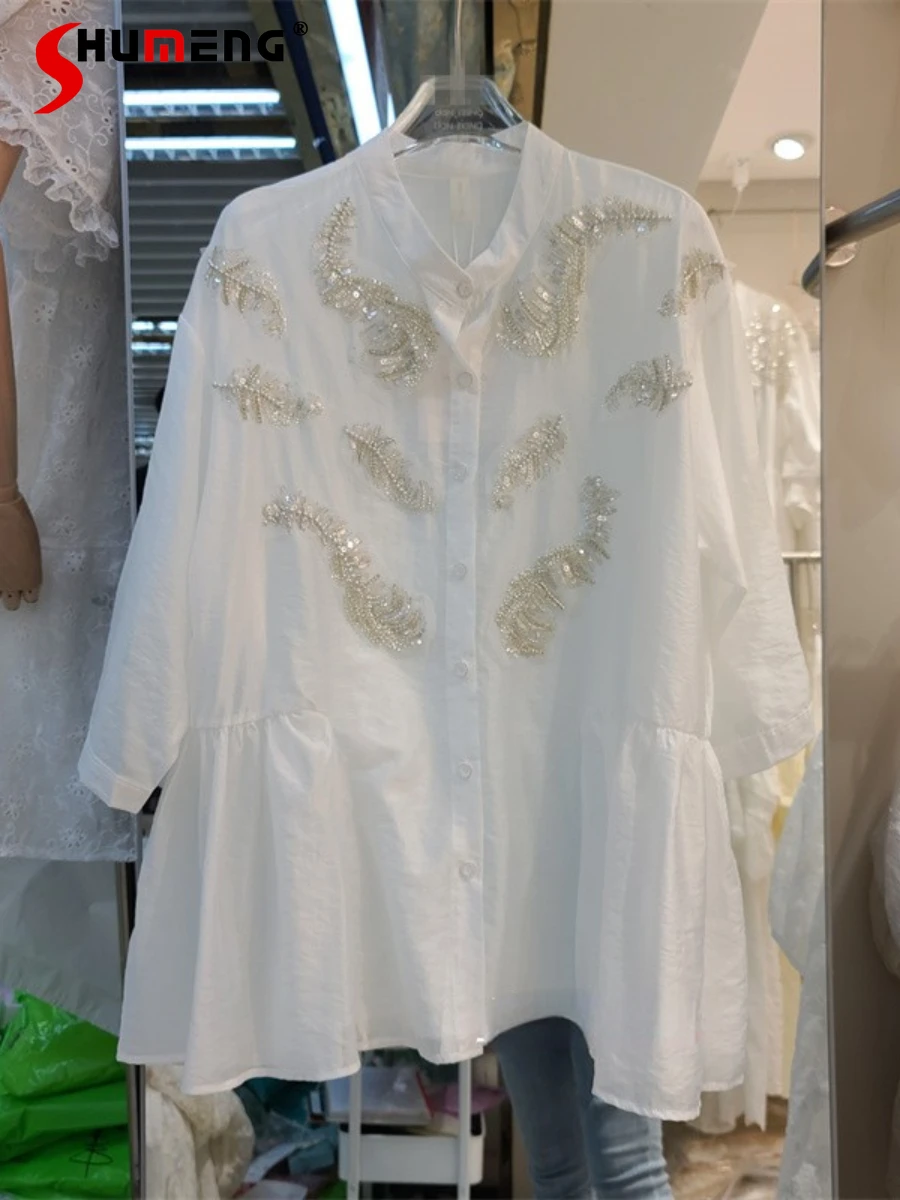 

2022 Spring Summer New Doll Loose Shirt Heavy Industry Feather Beaded Rhinestone Long Sleeve Tops Sun-Proof Clothing Tide