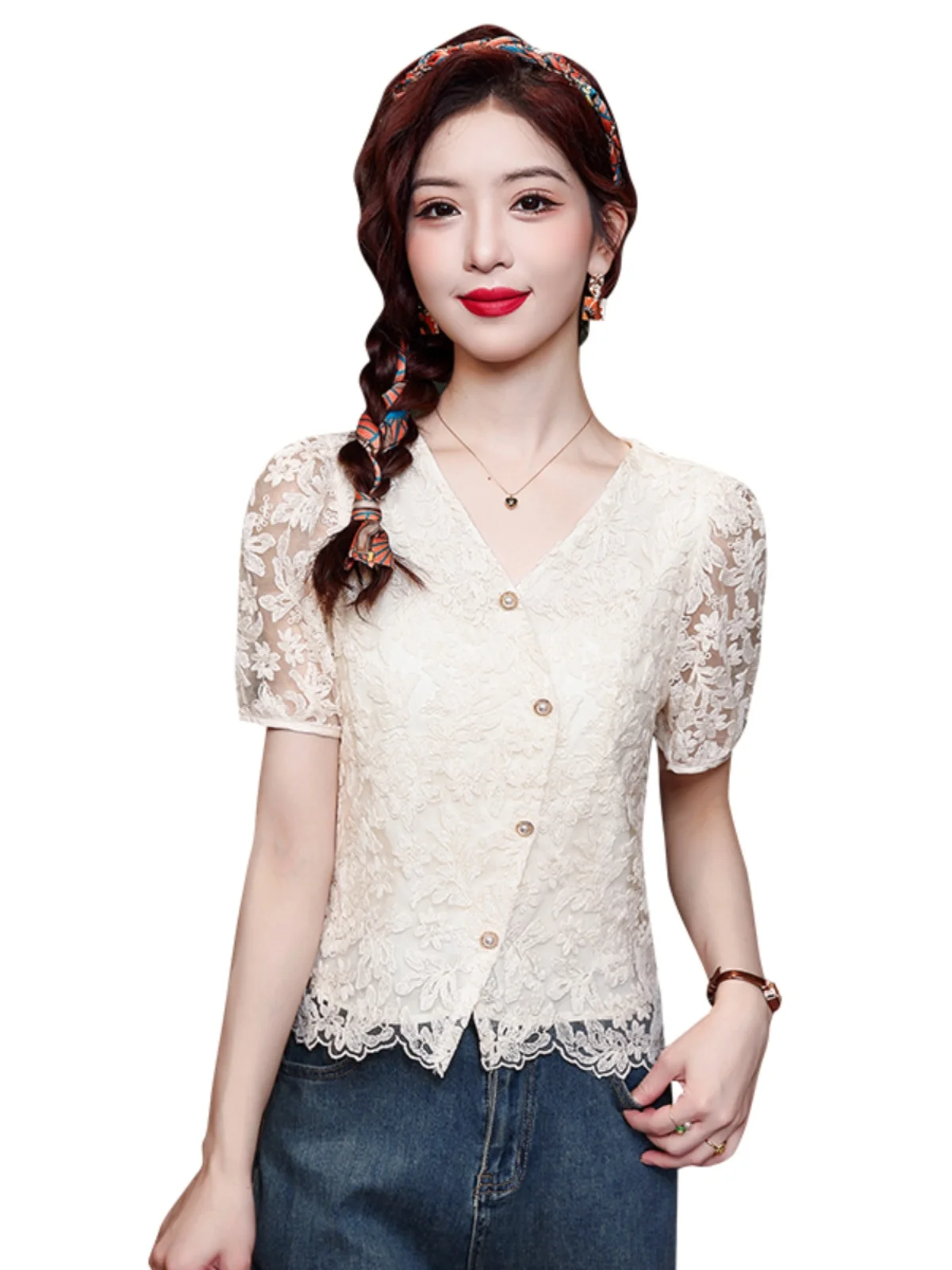 Женская кружевная рубашка Fairy Beau ~ Chic Palace Sle с коротким рукавом Новинка лета 2024