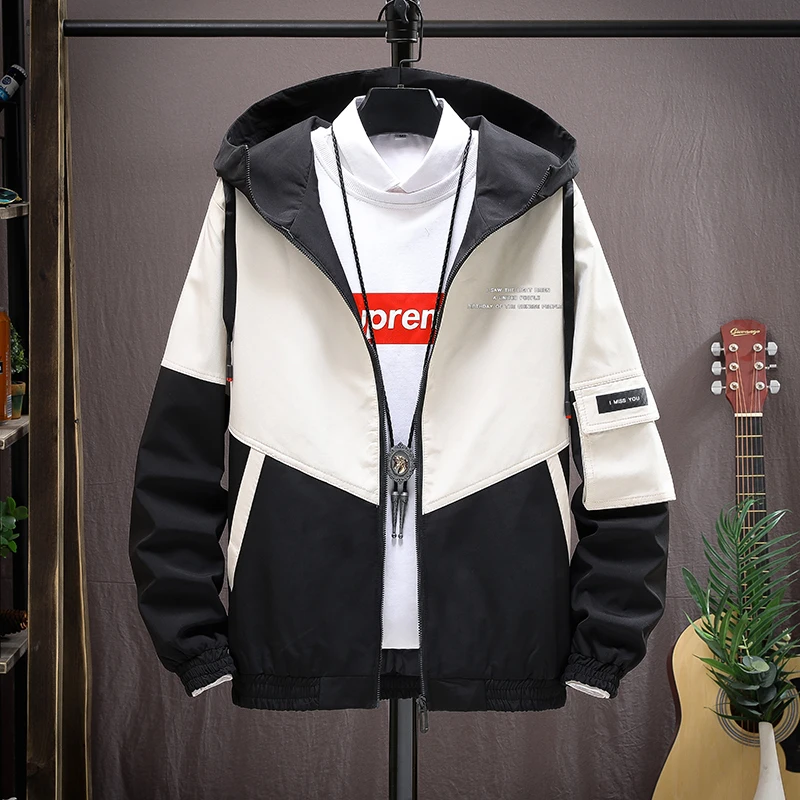 

Men's Hooded Jacket Spring Autumn New Men Bomber Jacket Streetwear Colorblock Fashion Male Zipper Windbreakers Chaquetas Hombre