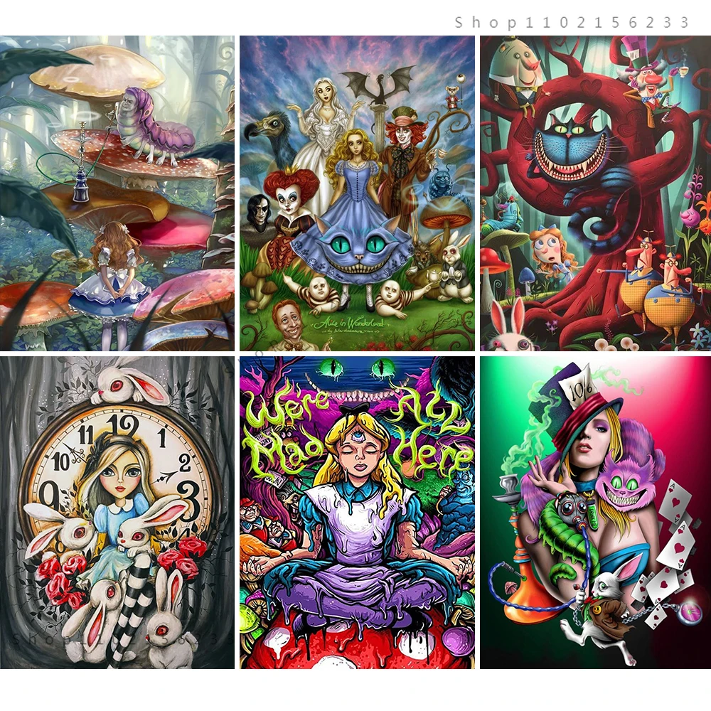 

Alice In Wonderland Diamond Painting Cheshire Cat Full Drill Embroidery Mosaic Gothic Style Rhinestone Cross Stitch Home Decor