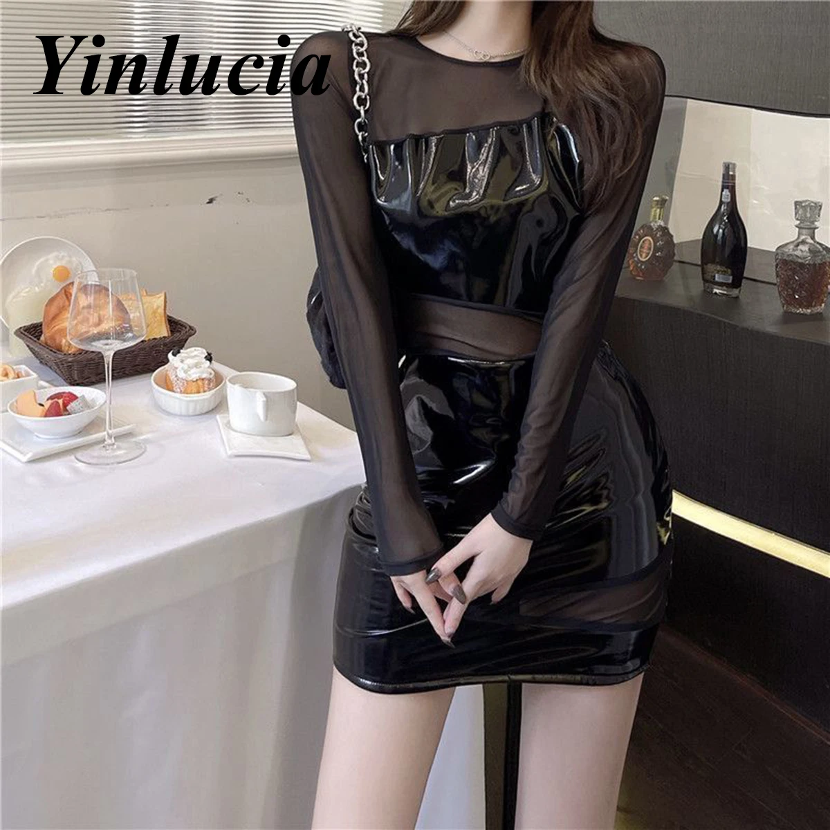 

Slim Sexy Party High Waist Fashion Mesh PU Stitching Irregular Dresses Vintage Black Skirts Womens Nightclub Party Babes Summer