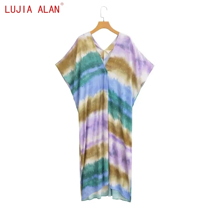 

Autumn New Women's Tie Dyed Printd Midi Dress Long Gown Female Casual V-neck Batwing Sleeve Vestidos LUJIA ALAN WD3150