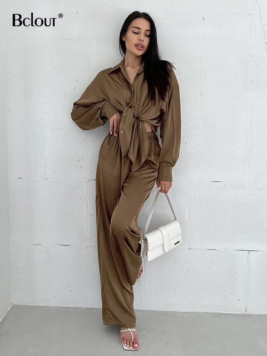 

Bclout Elegant Brown Satin Pants Sets 2 Pieces Women Fashion Solid Office Lady Loose Shirt Autumn Thin Straight Long Pants Suits