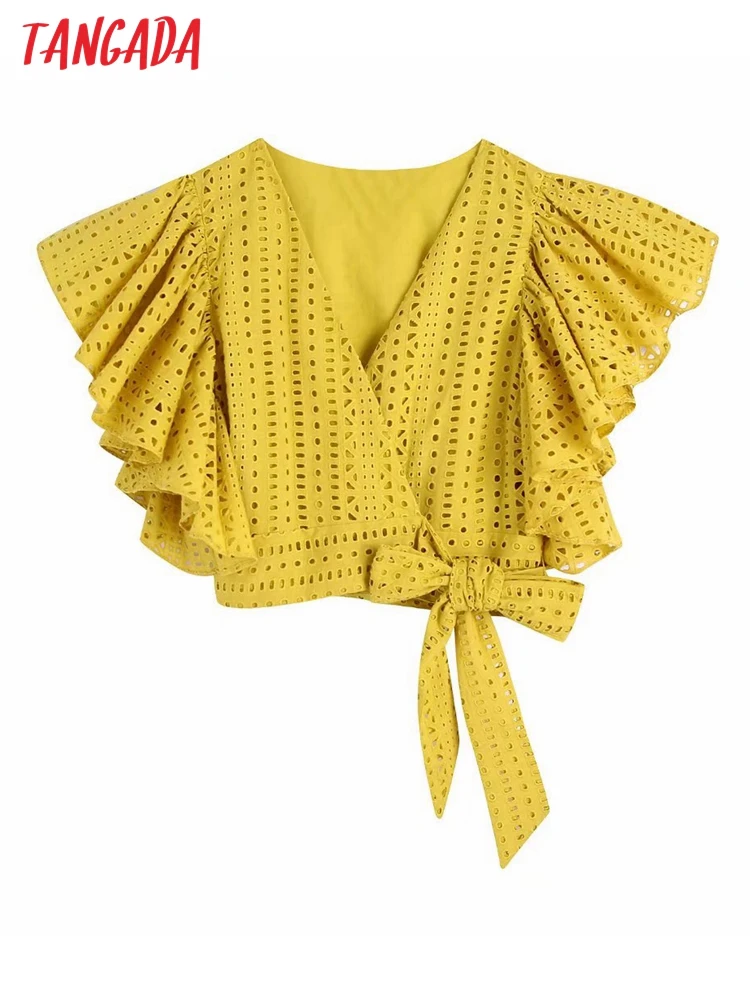 

Tangada Women Retro Summer Cotton Embroidery Blouse Shirt Flare Short Sleeve 2022 Chic Female Shirt Tops 3H468