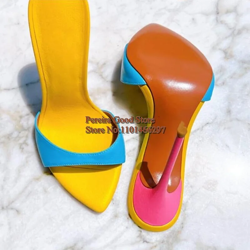 

Yellow Blue Patent Leather High Heel Sandals Slip On Patchwork Mules Shoes Pointed Toe Stiletto High Heels Club Party Shoes