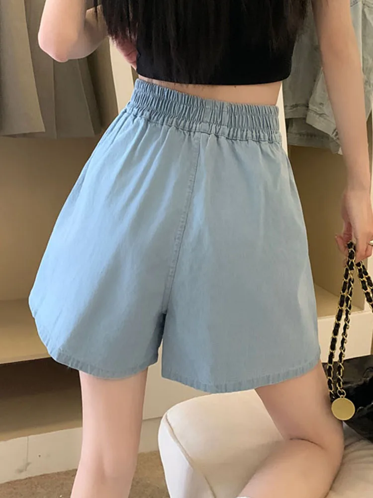 New Spring Summer Women Wide Leg Elastic Waist Blue Denim Shorts Streetwear Female Loose Straight Jeans Shorts Bottoms