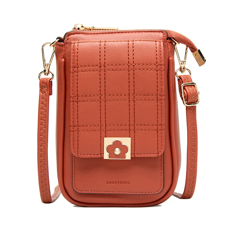 

2022 New Prettyzys Mobile Phone Bag Female PU Soft Metal Flower Buckle Simple Vertical Shoulder Bags