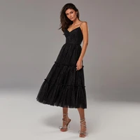 sevintage black prom dresses v neck pleated shinny tulle ruffles tea length a line evening dress wedding party gown 2022