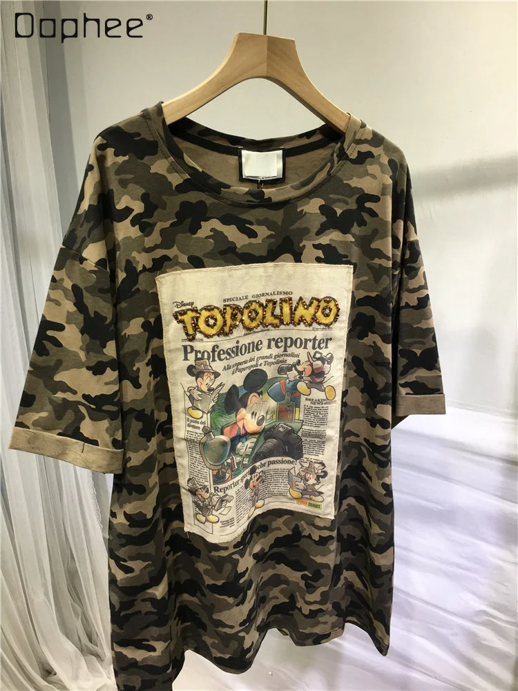 

Heavy Industry Beads T-shirt Cartoon Leopard Print Short Sleeve Top Women 2023 Spring Summer Round Neck Loose Pullovers