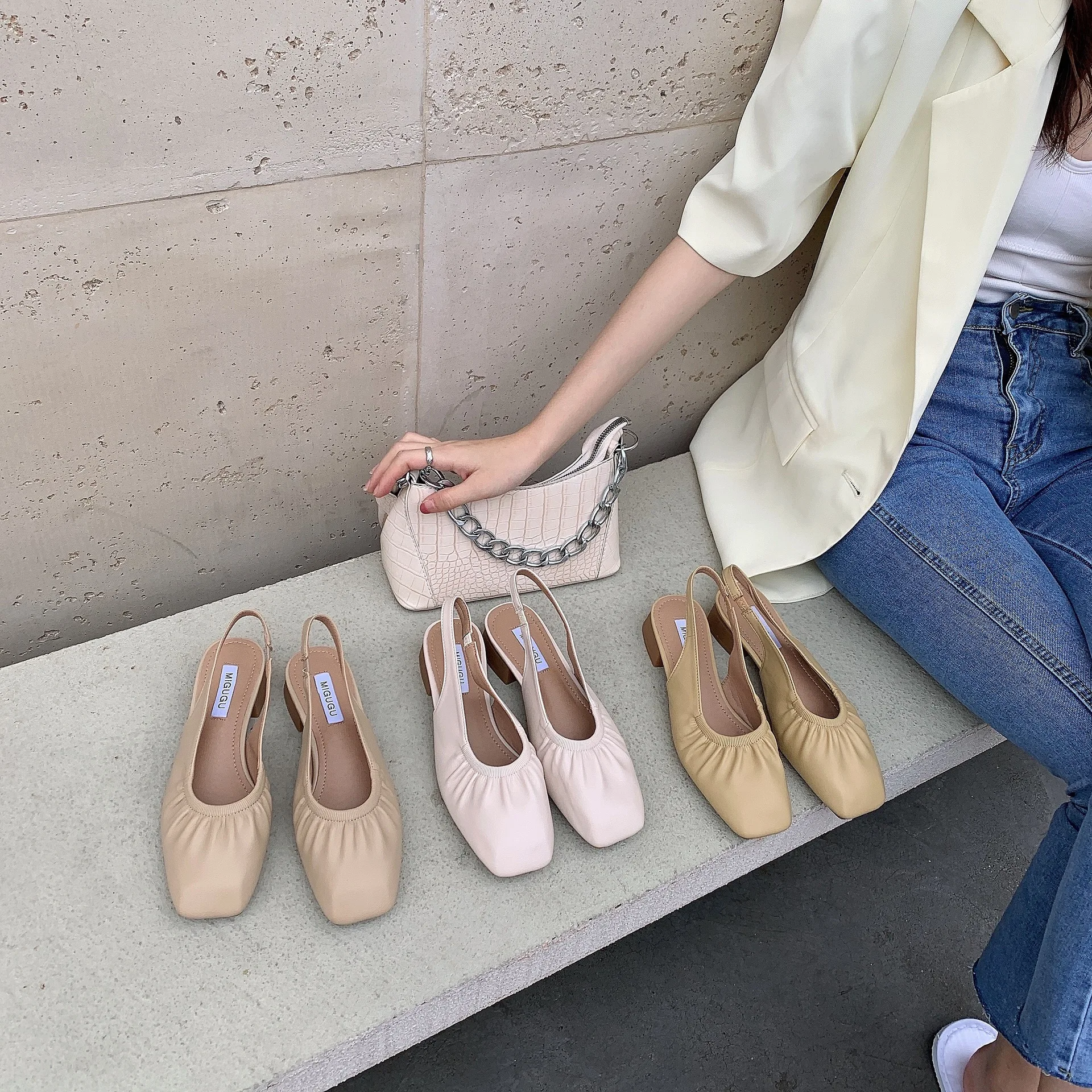 

Closed Toe Sandals Female Shoe Block Heels 2023 Women's Shallow Mouth Girls Chunky New Elastic Band Comfort Low Beige Summer