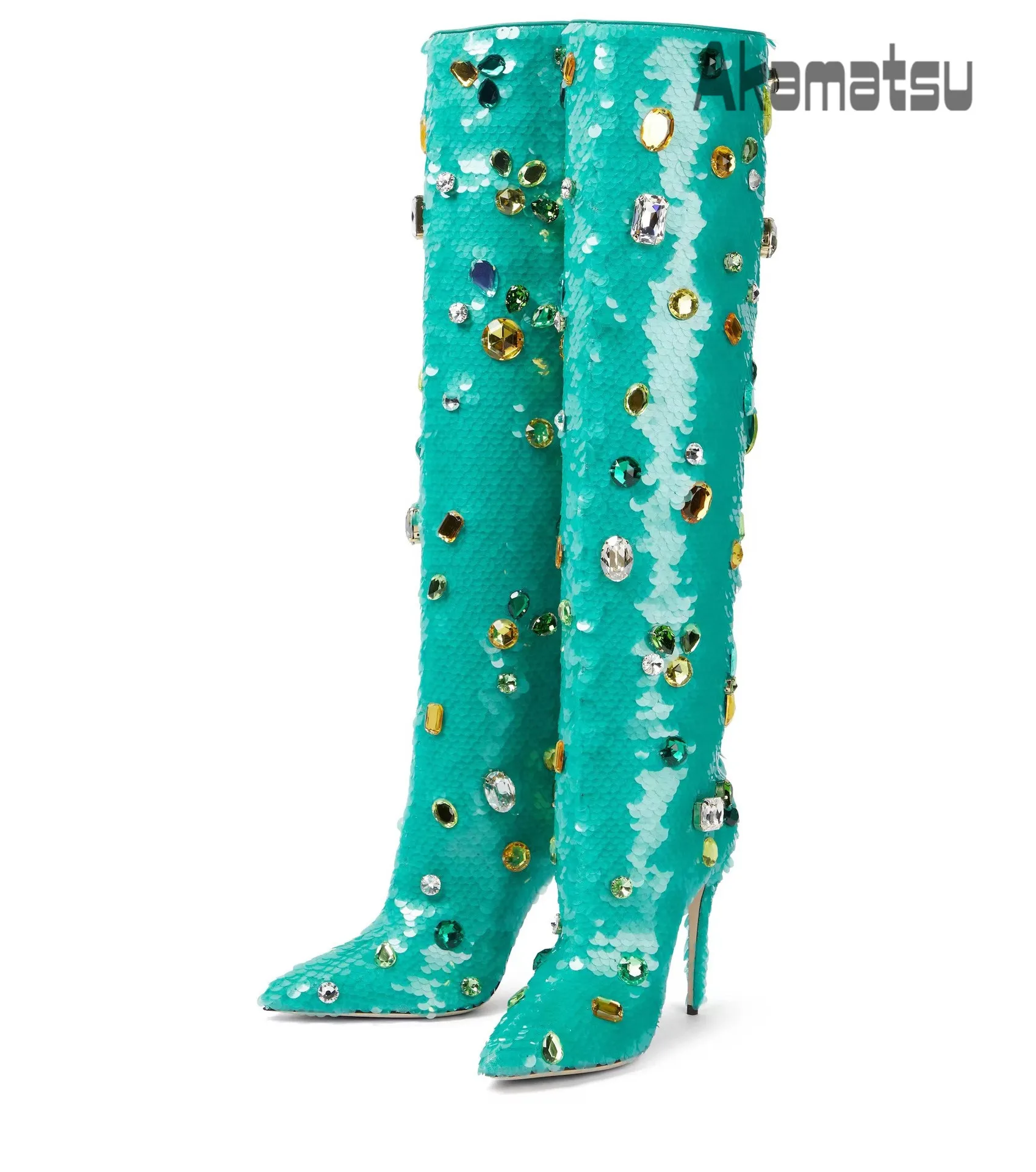 Green Sequined Rhinestone Large Diamond Knee-Length Women's Boots New Style Pointed Toe Slip On Stiletto Pumps Large Size 34-43