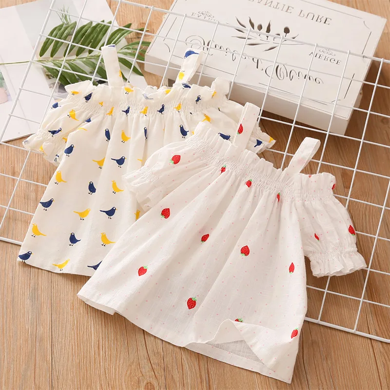 

Летняя хлопковая футболка с коротким рукавом и открытыми плечами для девочек 2-10 лет