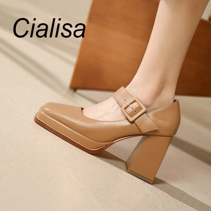 Cialisa Fashion Ladies  Footwear New 2023 Spring Buckle Strap Genuine Leather Female Shoes Super High Heel Women's Shoes Apricot