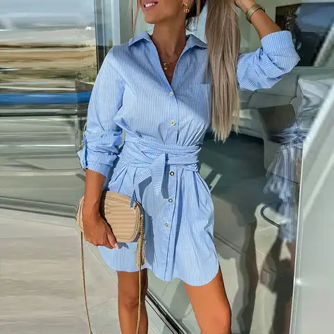 Elegant Solid Color Lace Up Shirt Short Dresses Women's Fashion Pocket Commute Mini Dress Spring Lapel Long Sleeve Button Dress