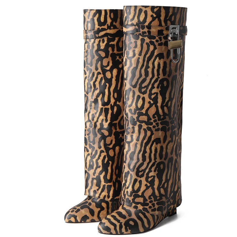 

fashion shark lock knee high boots woman brand shoes autumn winter boots women print leather wedge heel lncreasing double barrel