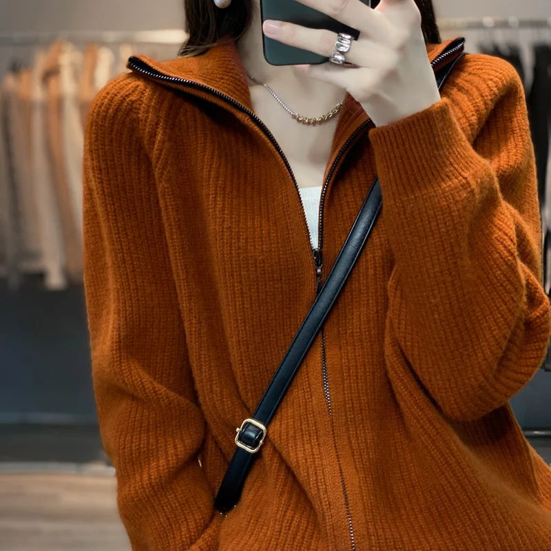Women's High-Neck Zippered Cashmere Knitted Cardigan Korean Fashion Lapel Warm Wool Knitted Jacket Spring And Autumn Trend M-XXL