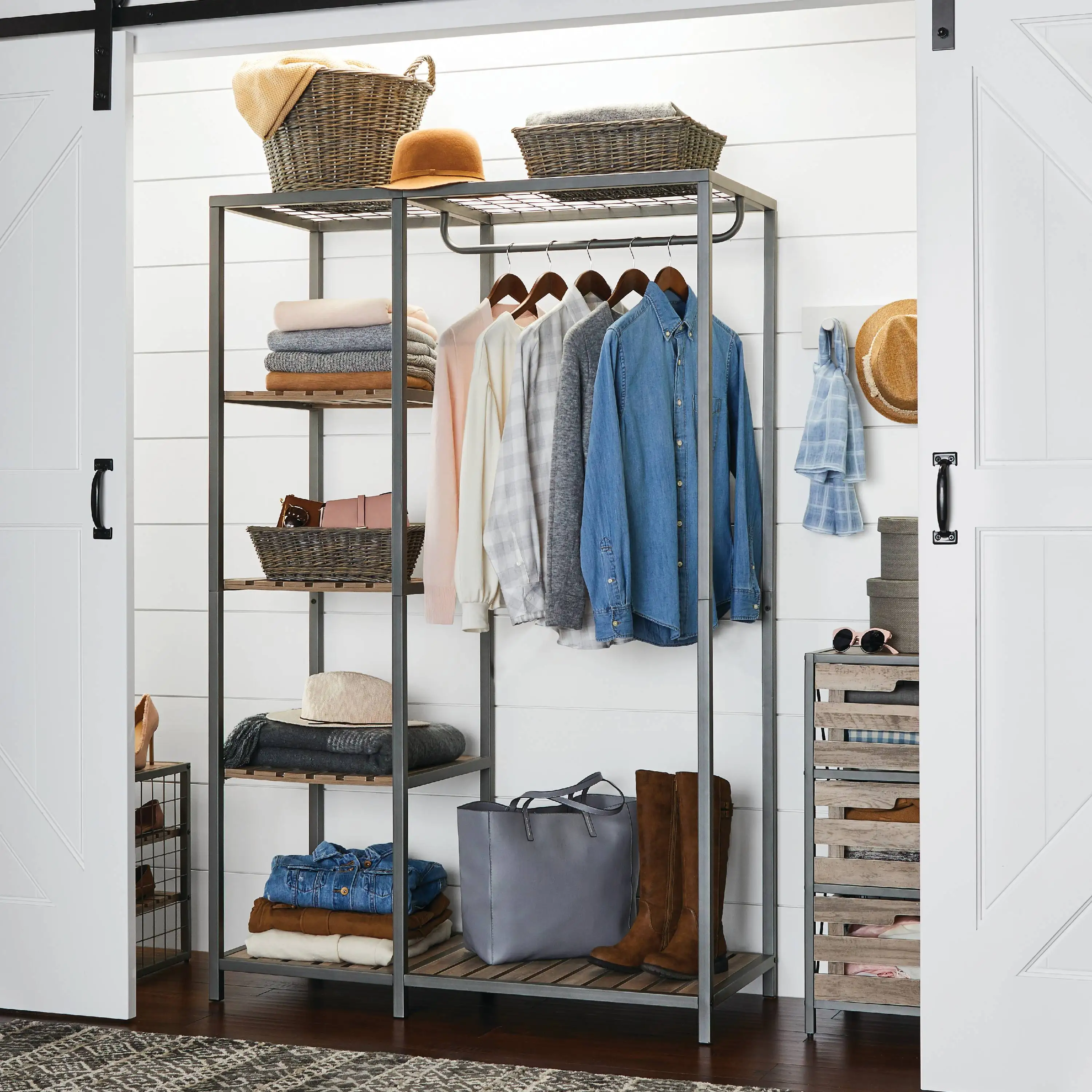 

Farmhouse Gray Wood and Metal Garment Rack
