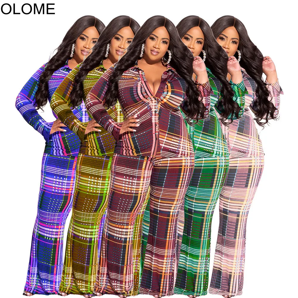

New 5XL Plus Size Plaid Printing Women Two Pieces Set Fashion Long Sleeve Shirt Buttons High Waist Straight Pants Party