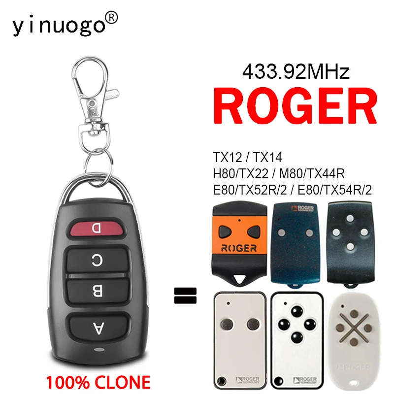 

For ROGER TX12 TX14 H80 TX22 M80 TX44R E80 TX52R 2 E80 TX54R 2 Remote Control Garage Door Opener 4 Buttons 433.92MHz Fixed Code