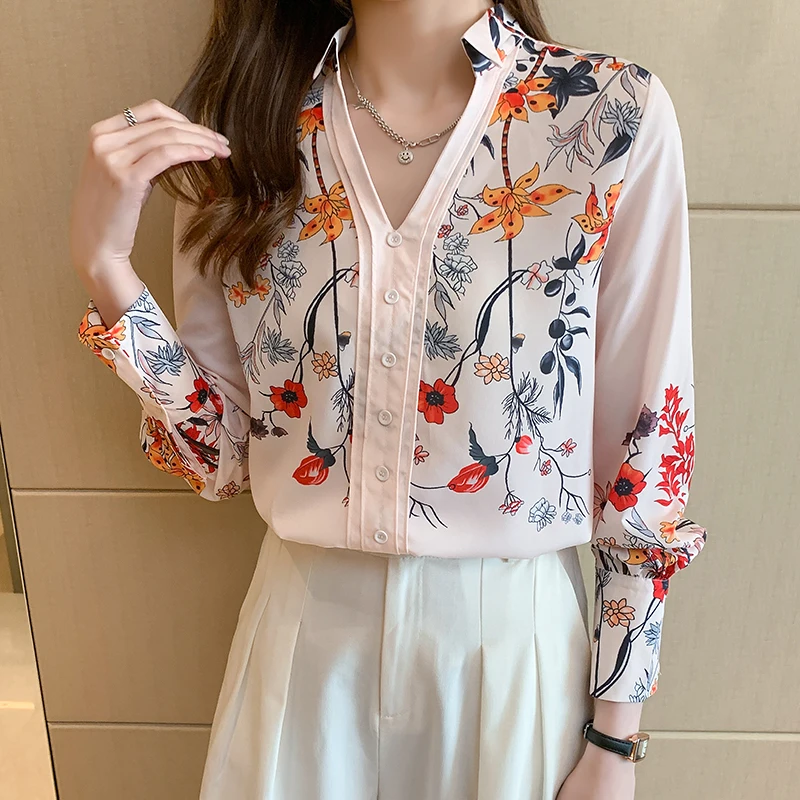 

Fashion Elegant Flower Printed Ladies Shirts Chiffon Long Sleeve Tops Women Blouses V-neck Sweet Female Mujer Blusas 2022 Spring