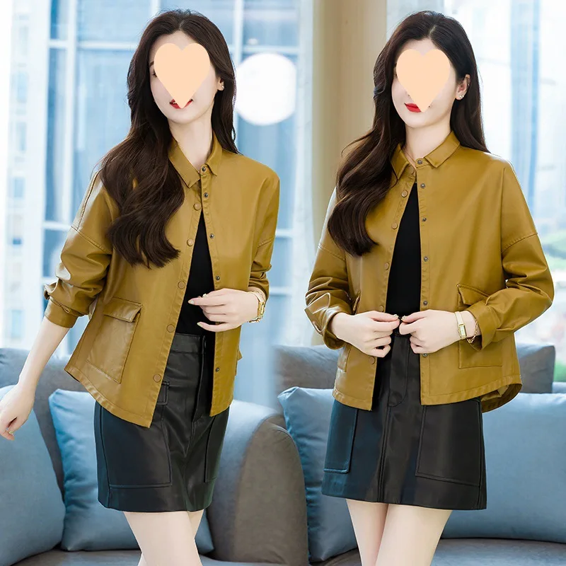 Spring  Autumn PU Leather Short Leather  Coat Women's Autumn  Winter Student Motorcycle Leather Basic Yellow Leather Jacket