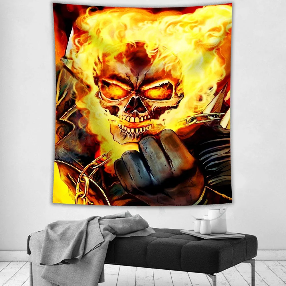 

Flame Skull Hippie Ghost Rider Tapestry Carpet Home Decor Blanket Decoration Curtains Table Cloth Aesthetic Room Decor Bedroom