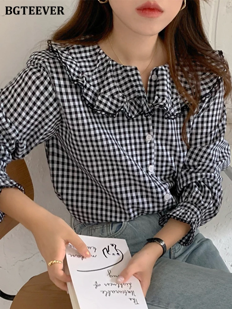 

BGTEEVER Casual Ruffles Ladies Peter pan Collar Plaid Shirts Tops Vintage Long Sleeve Female Single-breasted Blouses 2022 Autumn