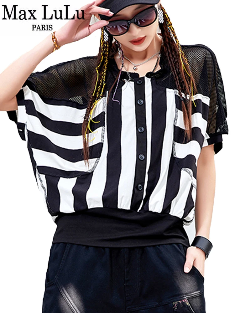 

Max LuLu 2022 Summer New Mesh Women Tops Casual Vintage Holes Punk Style Female Tee Shirts Buttons Loose British Design T-shirts