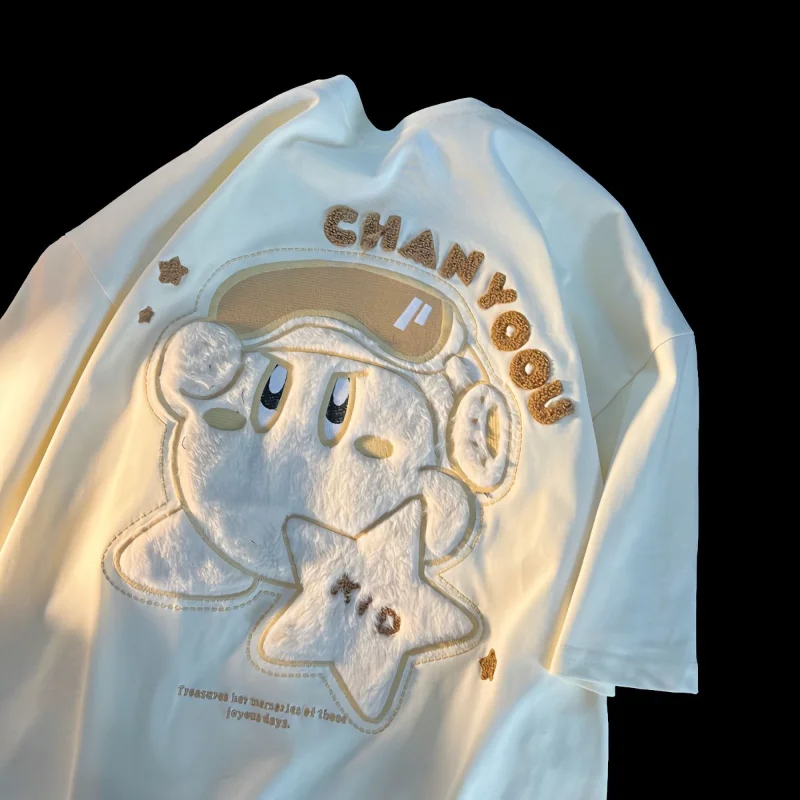 

Новинка, кавайная летняя футболка с коротким рукавом и вышивкой в виде звезд, свободная Универсальная футболка большого размера для студентов и пар