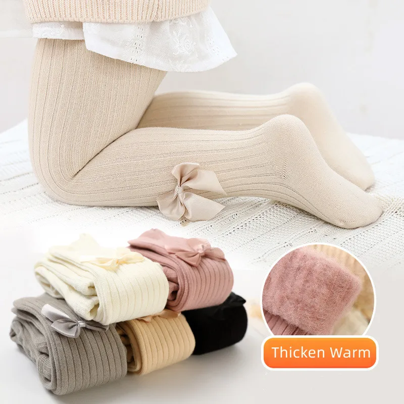 Winter Kid Pantyhose Cute Princess Bow Solid Color Tights Stockings for Baby Girl Autumn Thicken Warm Plush Children Sock
