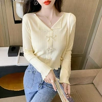 t shirts women bow knitting long sleeve casual crop top pure color all match elegant office lady streetwear gentle daily fashion