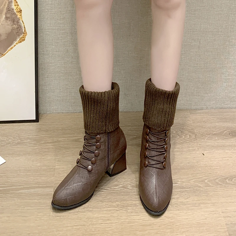 2024 Новые осенне-зимние новые остроносые Ботильоны женские двубортные ботинки На