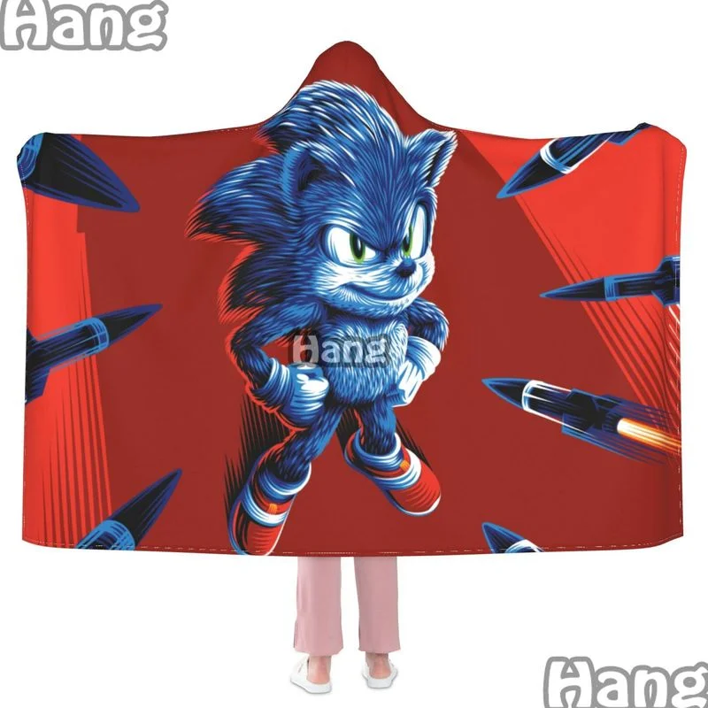 

Cartoon Sonic Anime Hoodie Blanket Soft Warm Plush Blanket for Bed Sofa Office Travel Kids Teens Adults Gifts