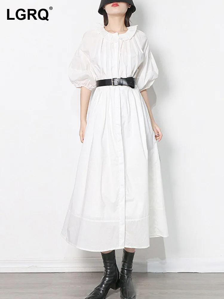 

LGRQ Temperament Simple Style 2022 Autumn And Summer New Round Neck Bubble Sleeve High Waist Belt Large Swing A-shaped