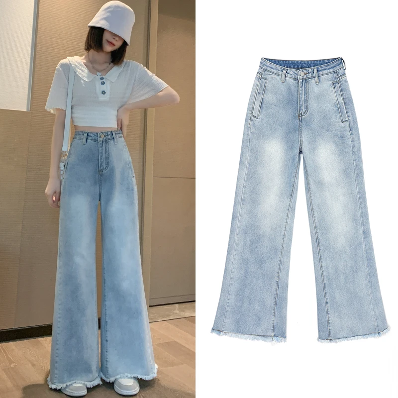 

Женские джинсы с бахромой, свободные брюки-клеш из денима с высокой талией, прямые мешковатые брюки в Корейском стиле, новинка 2022