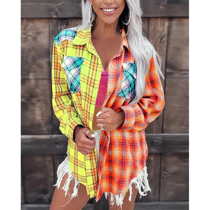 

2022 New Spring Vintage Plaid Colorblock Shirts Women 's Long Sleeve Patchwork Blouse Shirt Woman Hip Hop Casual Urban Clothing