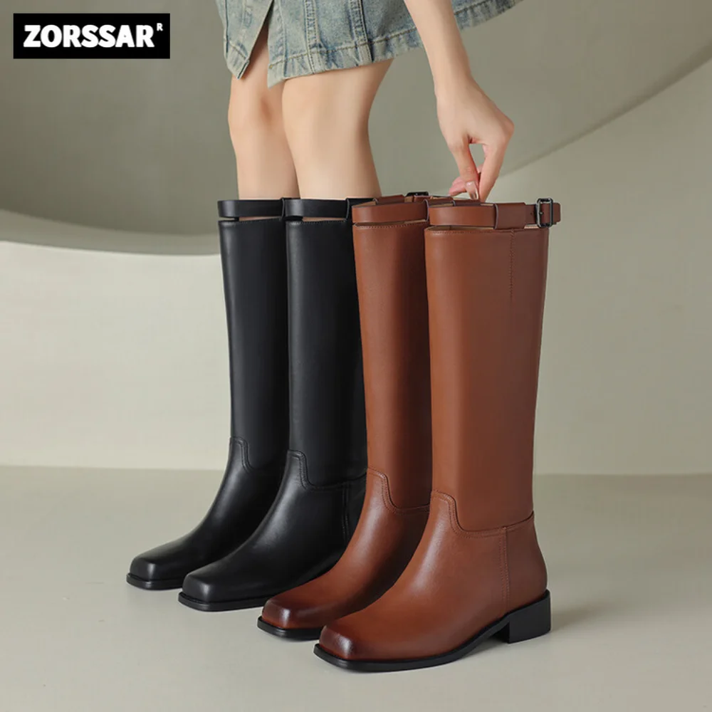 

Women Boots Flat Knee High boots Genuine Leather Riding Shoes 2023 New Female Casual Warmth Short Plush Long Equestrian Boots