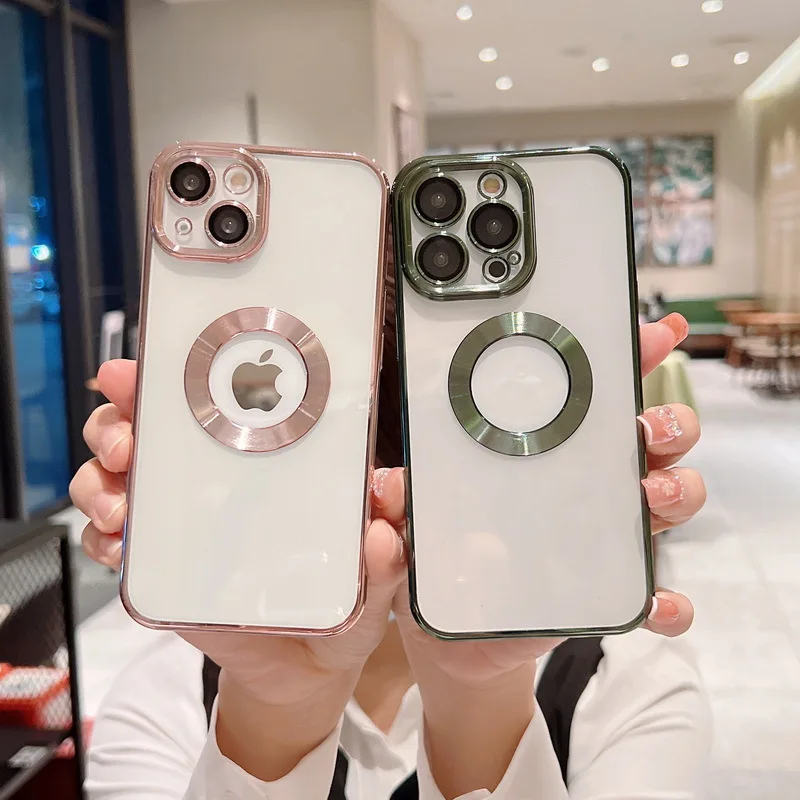 

YTD Plating Transparent Silicon Logo Hole Case For iPhone 13 12 11 Pro Max X XS Max XR 8 7 Plus SE2 Soft Shockproof Bumper Cover