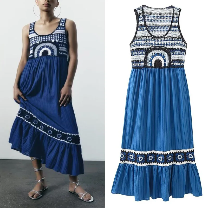 

TRAF Womes Crochet Knitted Midi Dress Summer Blue Square Sleeveless Neck Patchwork Dresss Ethnic Style Long Dress 2023